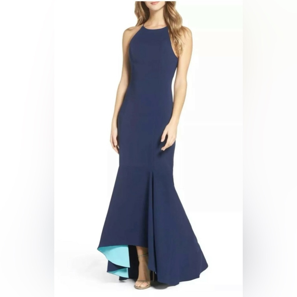 Maria Bianca Nero Halter Neck Colorblock Mermaid Gown, Navy, 8